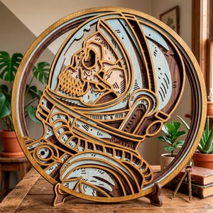Puede incluir: Una obra de arte de madera en capas que representa un casco de astronauta con una calavera en su interior. La obra presenta tonos azul claro, marrón y madera natural, creando un efecto tridimensional. La pieza se exhibe sobre un soporte de madera.