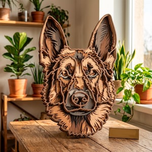 Può includere: Scultura in legno a strati raffigurante la testa di un pastore tedesco. L'opera presenta dettagli intricati e varie sfumature di marrone, creando un effetto tridimensionale. Gli occhi e il naso del cane sono ben definiti. La scultura è esposta su un tavolo di legno.