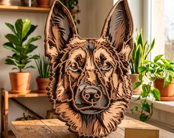 German Shepherd multilayer SVG. Laser cut file. Layer construction. Plywood cutting. CNC. Mandala plywood