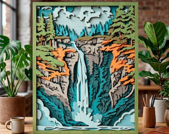 Puede incluir: Una obra de arte de madera multicapa que representa una escena de cascada. La obra tiene un marco verde y utiliza varios tonos de azul, verde, naranja y marrón para crear profundidad. La cascada cae por un acantilado, rodeada de árboles y follaje.