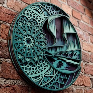 May include: A circular multi-layered wall art piece featuring a teal and dark purple color palette. The left side displays an intricate geometric mandala pattern, while the right side depicts a stylized landscape with a crescent moon and aurora.