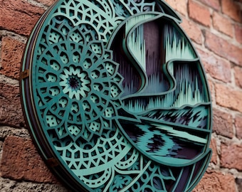 May include: A circular multi-layered wall art piece featuring a teal and dark purple color palette. The left side displays an intricate geometric mandala pattern, while the right side depicts a stylized landscape with a crescent moon and aurora.