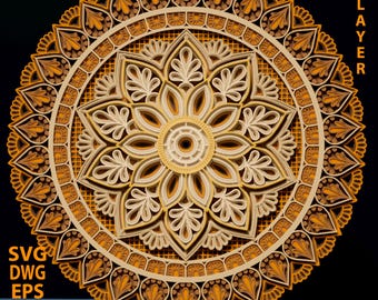 Mandala multilayer SVG. Laser cut file. Layer construction. Plywood cutting. CNC.