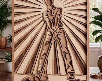 May include: A layered wooden art piece depicting a golfer in mid-swing. The artwork features a light and dark wood grain design with a sunburst background. The golf scene is set on a green base, with a golf club and ball.