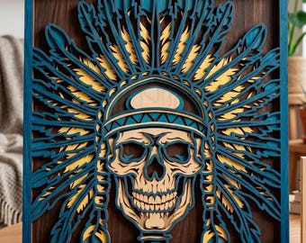 May include: A layered wooden wall art piece featuring a skull wearing a Native American headdress. The artwork uses shades of blue, yellow, and natural wood tones. The piece is square and mounted on a wooden stand.