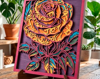 3D Rose multilayer SVG. Laser cut file. Layer construction. Plywood cutting. CNC. Mandala plywood