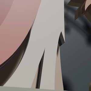 May include: A graphic illustration featuring a stylized light gray structure with a curved pink element on the left side and a brown, tree-like shape with a dark brown, serrated top on the right, set against a dark gray background.