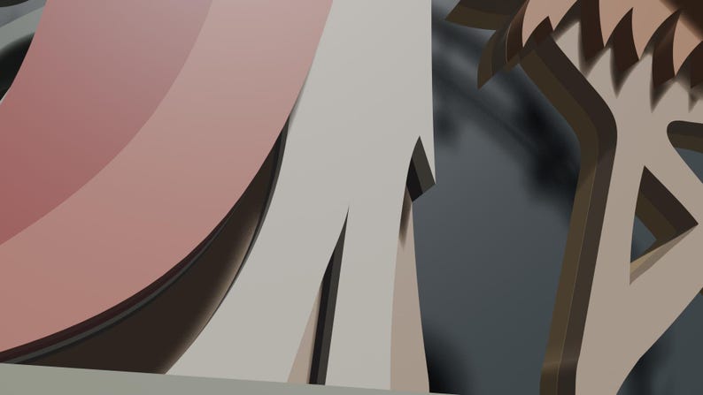 May include: A graphic illustration featuring a stylized light gray structure with a curved pink element on the left side and a brown, tree-like shape with a dark brown, serrated top on the right, set against a dark gray background.