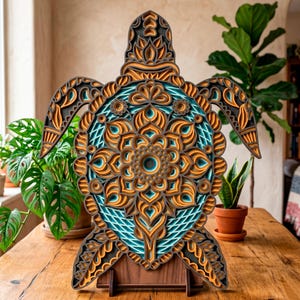 Puede incluir: Escultura de tortuga de madera en capas con intrincados patrones florales y geométricos. La obra de arte presenta tonos de marrón, naranja y turquesa, creando un efecto tridimensional. La tortuga se exhibe sobre un soporte de madera, adecuada para la decoración del hogar.