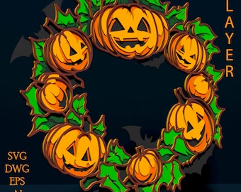 Halloween Pumpkin Wreath multilayer SVG. Laser cut file. Layer construction. Plywood cutting. CNC. Mandala