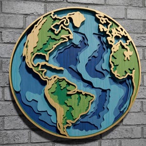 May include: A circular wall art piece featuring a layered, three-dimensional map of the world. The continents are rendered in shades of green and natural wood tones, while the oceans are depicted in multiple depths of blue, creating a topographic effect.