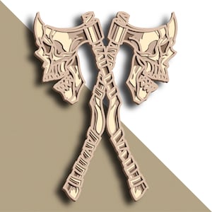 May include: Two crossed axes with skull-shaped heads. The axes are made of a light brown material and have intricate details.