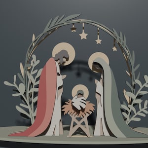 May include: A layered wooden nativity scene featuring stylized figures of two adults standing on either side of a central manger with a baby. The figures are framed by an arched structure decorated with leaf motifs and hanging star shapes.