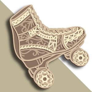 May include: A brown roller skate with intricate white floral designs. The skate has four wheels and a lace-up closure.