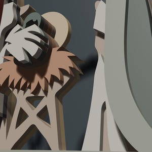 May include: A layered wooden nativity scene featuring stylized figures in muted tones of red, sage green, and beige. The central figure holds a small infant in a manger, flanked by two taller figures draped in long robes, all set against a dark background.