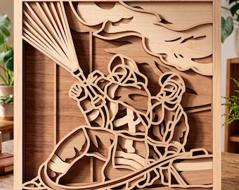 May include: A wooden, layered art piece depicting two firefighters battling a fire. The artwork is crafted from light-colored wood, with intricate cutouts creating a 3D effect. The firefighters are shown directing a stream of water, with a cloud of smoke above.