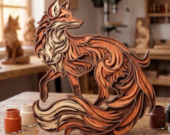 May include: A layered wooden fox sculpture in shades of brown, orange, and cream. The fox is standing with its tail curled. The sculpture is on a wooden table with paint jars and brushes.