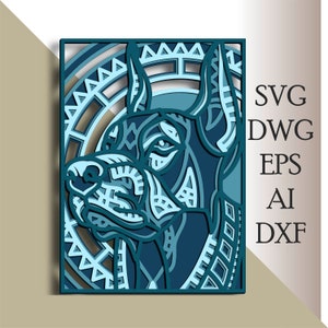 Doberman multicapa perro SVG / Doberman archivo de corte / Capa 3D / Corte de madera contrachapada / Corte de papel / Archivo SVG / Mandala 3D de madera contrachapada