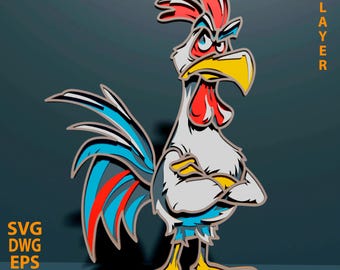 Rooster multilayer SVG. Laser cut file. Layer construction. Plywood cutting. CNC. Mandala plywood