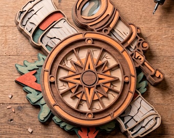 Compass multilayer SVG. Laser cut file. Layer construction. Plywood cutting. CNC. Travel Decor