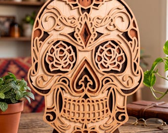 Sugar Skull multilayer SVG. Laser cut file. Layer construction. Plywood cutting. CNC. Mandala plywood