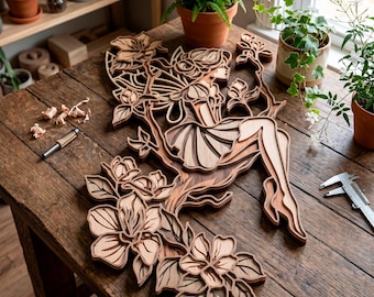 May include: A layered wooden fairy wall art piece. The fairy is depicted sitting on a branch with flowers. The artwork is made of light and dark brown wood. The fairy has a detailed dress and wings. The piece is on a wooden table.