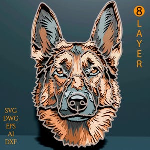 Può includere: Illustrazione multistrato della testa di un pastore tedesco, con sfumature di marrone, arancione e grigio. Il design è etichettato "8 LAYER" e include le abbreviazioni dei tipi di file: SVG, DWG, EPS, AI e DXF.