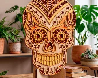 Sugar Skull multilayer SVG. Laser cut file. Layer construction. Plywood cutting. CNC. Mandala plywood