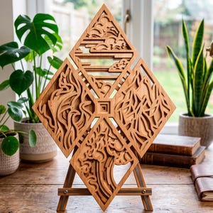 May include: A wooden, geometric art piece with a diamond shape, featuring intricate cut-out designs of clouds, waves, and abstract patterns. The artwork is displayed on a small wooden easel. The piece is made of light brown wood and is set against a background of plants and a window.