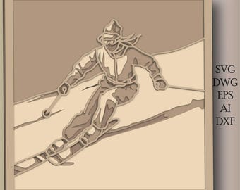 Skier multilayer SVG. Laser cut file. Layer construction. Plywood cutting. CNC. Mandala plywood