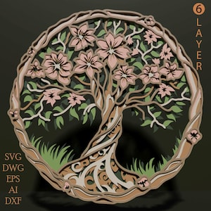 May include: A layered, circular design featuring a tree with pink blossoms and green leaves. The tree is enclosed within a brown, textured frame. The design includes the text "6 LAYER" and file type abbreviations.