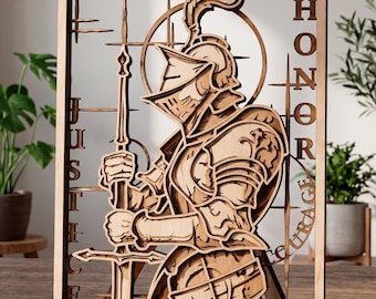 May include: Wooden layered art piece depicting a knight in full armor holding a sword. The artwork features the words "JUSTICE", "HONOR", and "COURAGE". The knight is set against a grid-like background with a circular element behind the knight's head. The piece is displayed on a wooden stand.