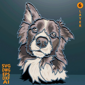 Bordercollie-svg met meerdere lagen. Lasergesneden bestand. 3D-mandala. Papier snijden. CNC-gestuurd. Huisdier