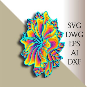 Hibiscus 3D multilayer SVG/ Hibiscus Zentangle cut file/ 3D layer/ Plywood cutting/ Paper cutting/ SVG file/ 3D mandala plywood