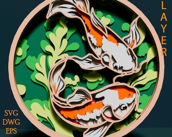 Koi Fish multilayer SVG. Laser cut file. Layer construction. Plywood cutting. CNC. Mandala plywood