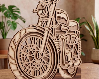 May include: A detailed wooden motorcycle sculpture with a layered design. The sculpture features a large front wheel, handlebars, and a headlight. The natural wood tones create a warm aesthetic. The motorcycle is mounted on a dark wooden base.