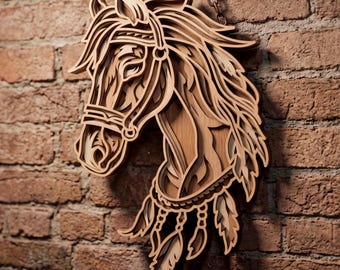 May include: A multi-layered wooden wall hanging featuring a horse head profile with a bridle and decorative feathers hanging from the neck. The piece is constructed from stacked laser-cut wood panels, creating depth and texture in the design.