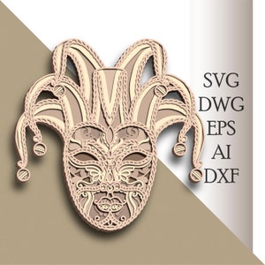 May include: A detailed, intricate, laser-cut design of a jester's mask with a whimsical, ornate pattern. The mask is beige and features a traditional jester's hat with three points.
