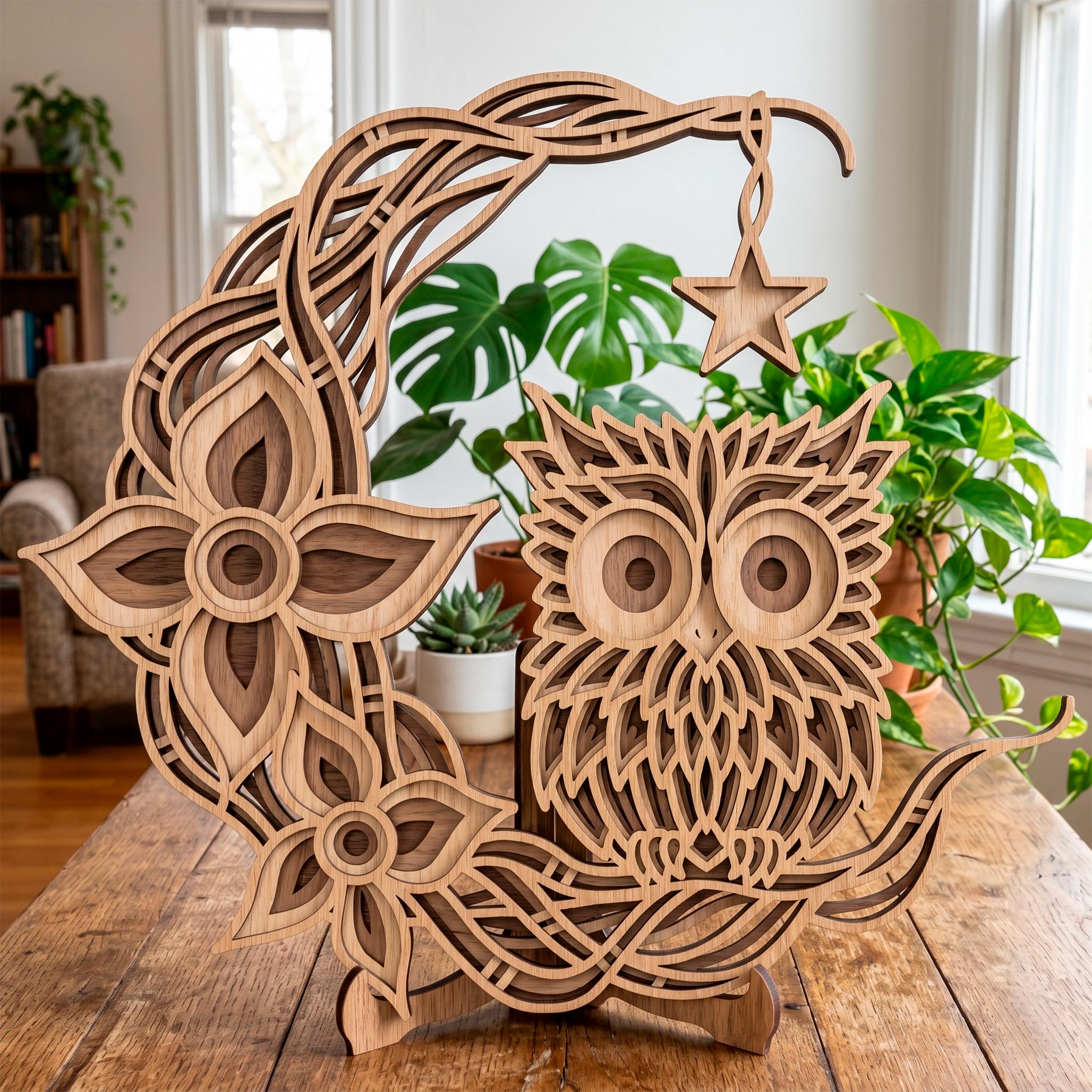 Owl multilayer SVG. Laser cut file. Layer construction. Plywood cutting. CNC. Mandala plywood