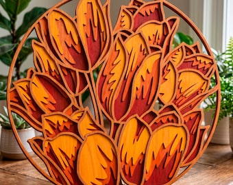 3D Tulip multilayer SVG. Laser cut file. Layer construction. Plywood cutting. CNC. Mandala plywood