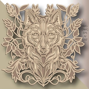 May include: A detailed, intricate laser cut design of a wolf's head surrounded by stylized floral elements. The design is in shades of brown and beige, perfect for crafting projects.