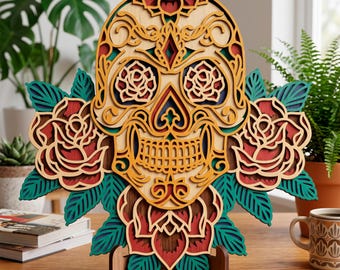 Sugar Skull multilayer SVG. Laser cut file. Layer construction. Plywood cutting. CNC. Mandala