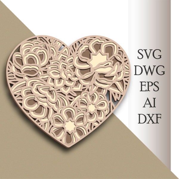 Heart Flower multilayer SVG/ Heart Flower cut file/ 3D layer/ Plywood cutting/ Paper cutting/ SVG file/ 3D mandala plywood