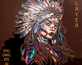 American Native multilayer SVG. Laser cut file. Layer construction. Plywood cutting. CNC. Mandala plywood