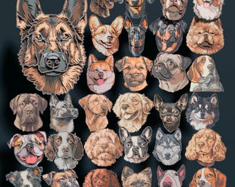 May include: A collection of illustrated dog portraits, featuring various breeds such as a German Shepherd, Dachshund, and Bulldog. The artwork showcases detailed facial features and fur textures, with a dark background.