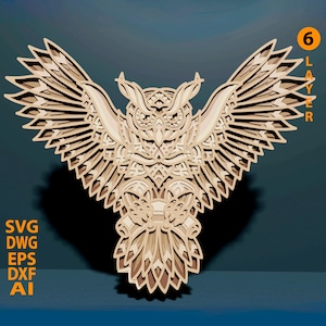 Owl multilayer SVG. Laser cut file. 6 Layer construction. Plywood cutting. CNC. Mandala plywood