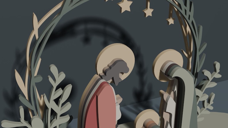 May include: A layered wooden nativity scene featuring stylized figures of Joseph and Mary with halos, positioned beneath a decorative arch adorned with leaf motifs and hanging stars. The figures are rendered in muted tones of red, beige, and gray.