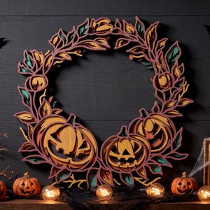 Halloween Wreath SVG Laser Cut File Pumpkin Door Hanger Glowforge Cricut Digital Download Pattern