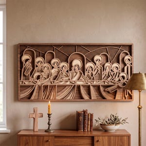 Puede incluir: Un arte de pared rectangular de madera que presenta una representación multicapa cortada con láser de la Última Cena. La obra utiliza varios tonos de madera marrón para crear profundidad, mostrando figuras sentadas a una mesa.