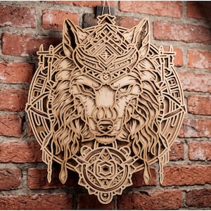 Wolf multilayer SVG. Laser cut file. Layer construction. Plywood cutting. CNC. Mandala plywood